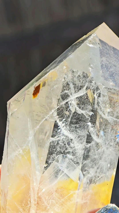 GIANT Blue Smoke Point w Iridescence Lemurian Seed Colombian Quartz